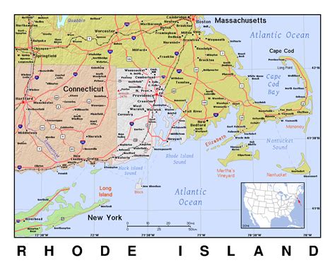 Detailed map of Rhode Island state with relief | Rhode Island state ...