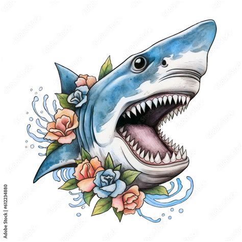 Shark head with open mouth and tattoo style flowers. Print on a t-shirt ...