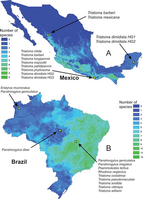 Map of species richness among the 39 triatomine species that are the... | Download Scientific ...