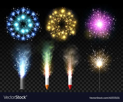 Realistic pyrotechnics festive fireworks types Vector Image