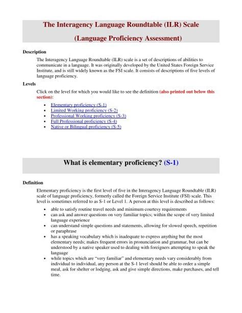 The Interagency Language Roundtable (ILR) Scale (Language ...