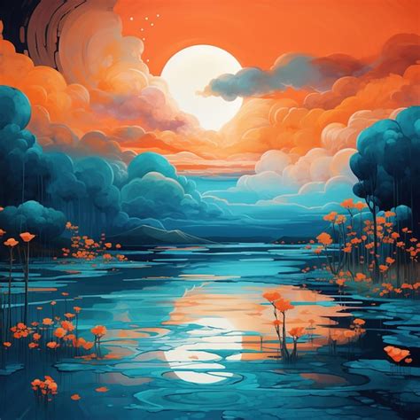 Premium AI Image | A painting of a sunset with a full moon and clouds