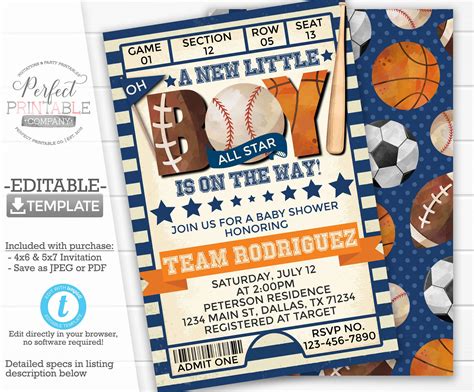 Sports Baby Shower Invitation Sports Ticket Invite | Etsy | Sports baby shower invitations ...