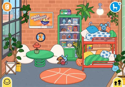 a cartoon bedroom with plants and toys in it