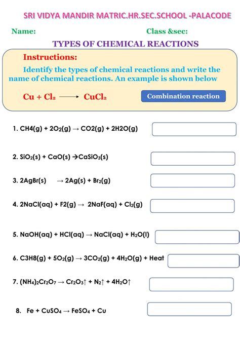 Type Of Chemical Reactions Worksheets