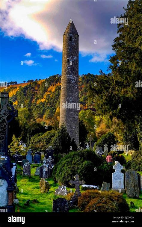 The Round Tower at Glendalough in the Wicklow Mountains National Park, County Wicklow, Ireland ...