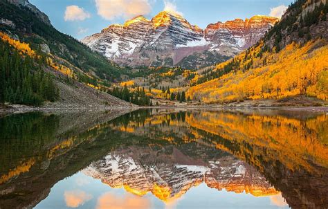 Autumn, forest, reflection, lake, Colorado, USA, rocky mountains, state ...