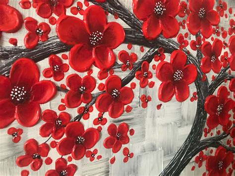 Red cherry blossom tree painting, large impasto abstract art, original contemporary livingroom ...