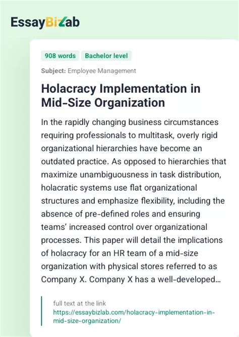 Holacracy Implementation in Mid-Size Organization | Business Essay Example