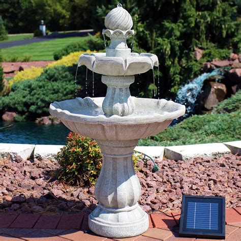 Sunnydaze 35-Inch 2-Tier Solar Water Fountain with Battery Backup - Submersible Pump - Resin and ...