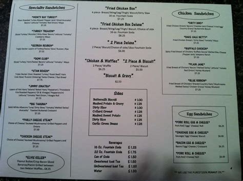 Menu at Dirty Bird restaurant, Morgantown