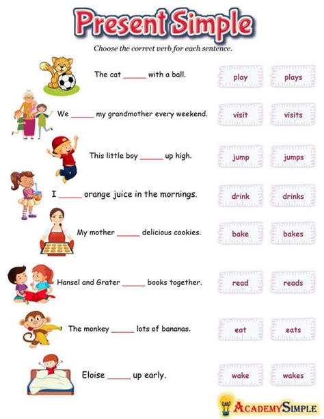 English Simple Present Tense Worksheet, Adding 'S' to Verbs - Academy Simple