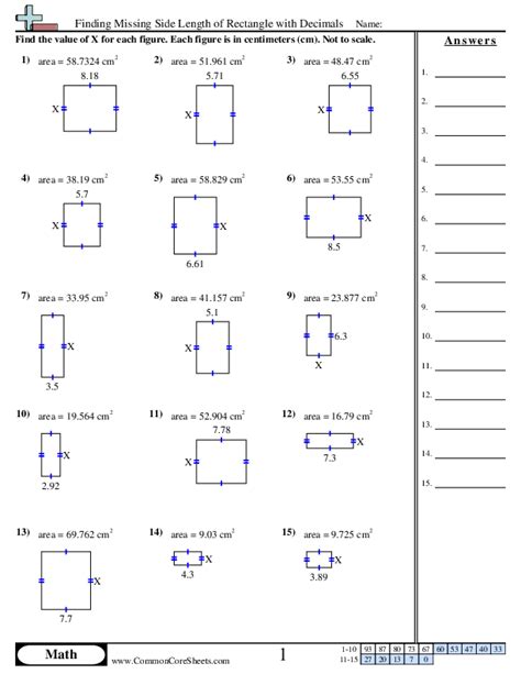 Finding Missing Side Length of Rectangle with Decimals Worksheet Download