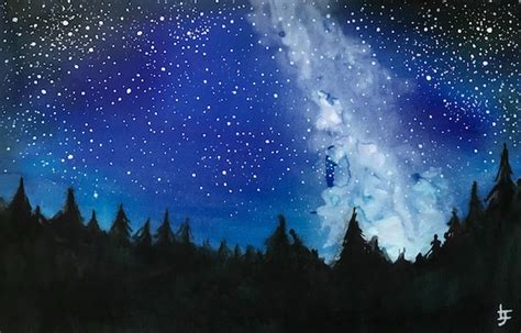 Night Sky // Original Watercolour Painting Starry Sky Forest | Etsy