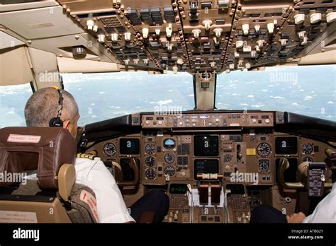 South Africa The interior of an El Al Boeing 767 cockpit at take off from Johannesburg Stock ...