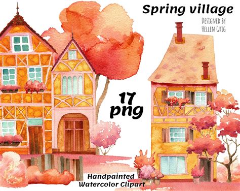 Spring Village Watercolor Spring Clipart. Handpainted Ohra - Etsy