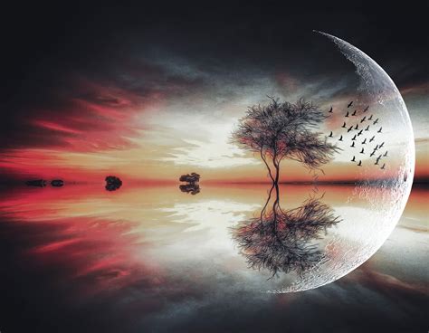 moon, Fantasy Art, Trees, Birds, Landscape, Lake, Reflection Wallpapers ...