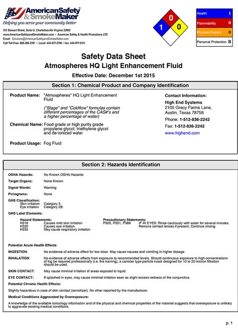 Smoke Fluids Safety Data Sheets (SDS)