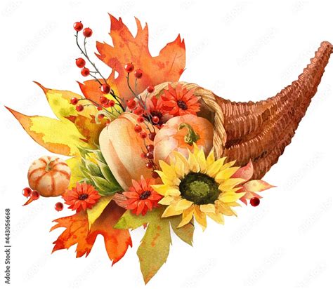 Watercolor Fall Cornucopia clipart. Autumn Harvest Clip Art, Thanksgiving Day art Stock ...