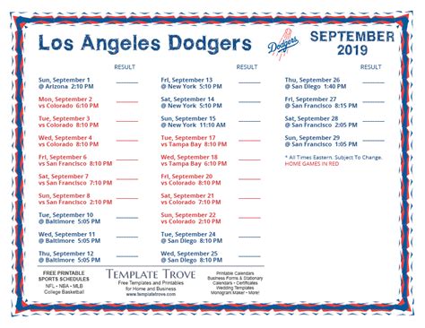 Printable 2019 Los Angeles Dodgers Schedule