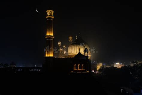 Night View of the Jama Masjid with Moon. Stock Image - Image of night, metropolis: 275750463