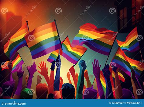 Pride Community at a Parade with Hands Raised and the LGBT Flag ...