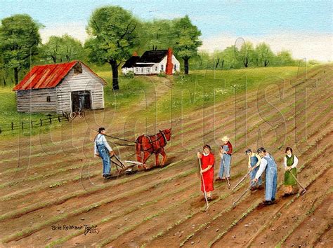 Country Scene Farm Painting Prints Primitive Folk Art, Rural Scene Art, Farmer Plowing Cotton ...