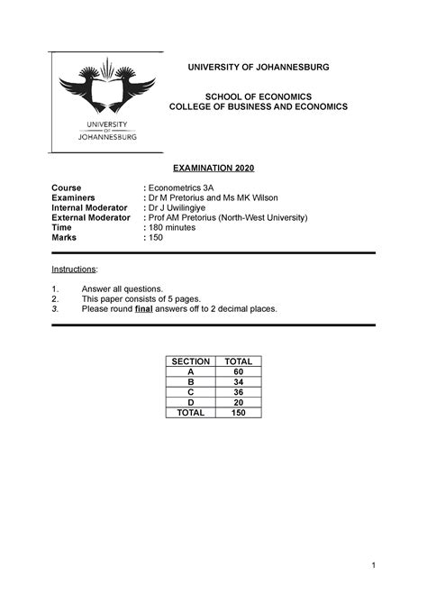 Exam 2020 - Past Exam paper - UNIVERSITY OF JOHANNESBURG SCHOOL OF ECONOMICS COLLEGE OF BUSINESS ...