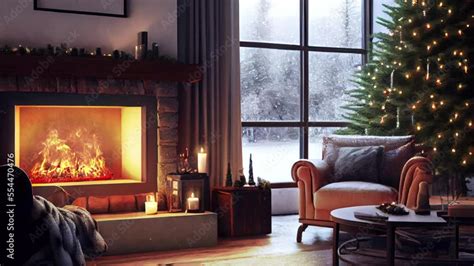 Christmas eve cozy mood in classic decorated living room with fire ...