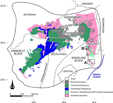 Geological map of the Kaapvaal Craton, modified after Eglington &... | Download Scientific Diagram