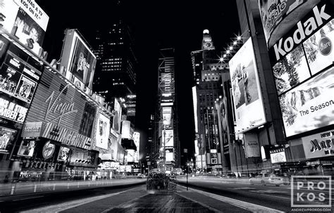 View of Times Square at Night (B&W) - Framed Photograph by Andrew Prokos