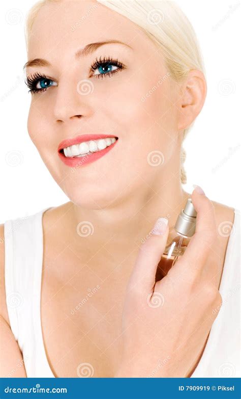 Woman Spraying Perfume on Neck Stock Image - Image of background ...