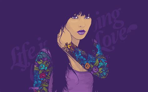 Jared Nickerson, face, women, looking at viewer, inked girls, long hair, vector, tattoo, purple ...