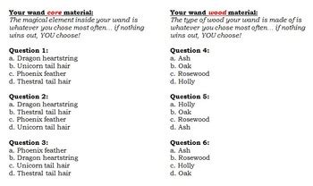 Harry Potter Wand Quiz for Students with Answer Key and Explanations