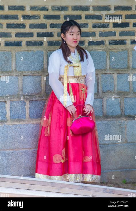 Beautiful Korean Woman Dressed Hanbok, Korean Traditional Dress, In Gyeongbokgung Palace, Seoul ...