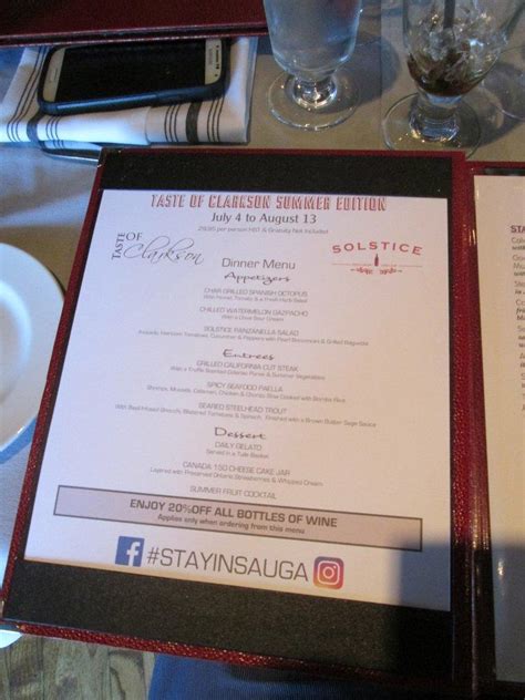 Menu at Solstice Restaurant & Wine Bar, Mississauga