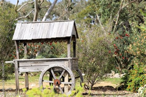 Home made wooden garden cart in Australian native bush garden Stock Photo | Adobe Stock