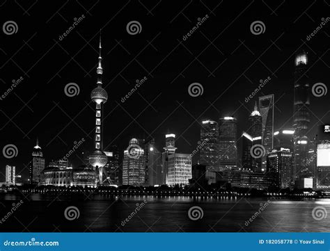 Shanghai Skyline at Night in Black and White Editorial Stock Photo - Image of pudong, modern ...