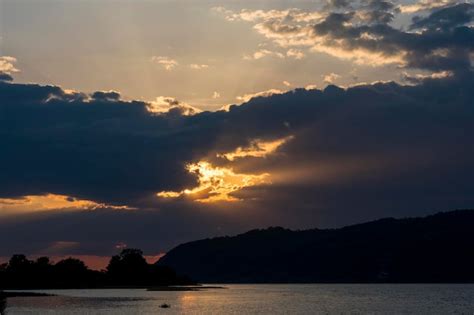 Premium Photo | Sunset over the silver lake on danube river