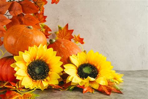 Free Photo | Pumpkins and sunflowers near autumn leaves