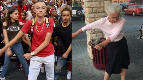 Elderly Woman Does the Backpack Kid Floss Dance