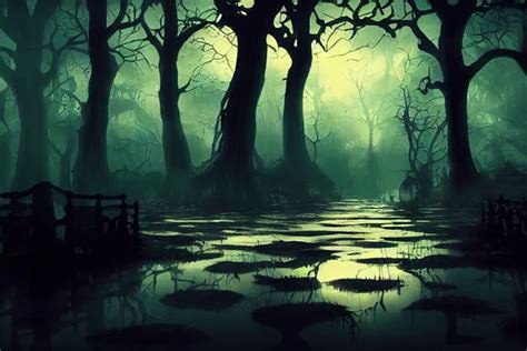 3D Rendering illustration of a creepy haunted mansion in a swamp at night high contrast image ...