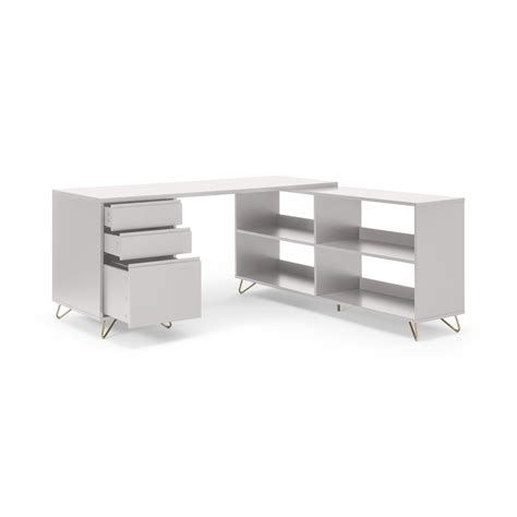 Elona Corner Desk with Open Sideboard, Ivory White & Brass • Sofas Etc