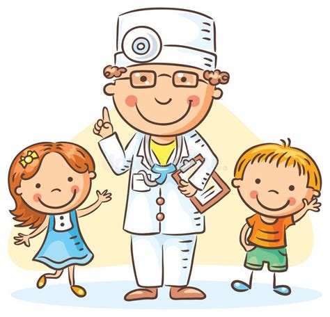 Cartoon Doctor with Happy Little Children, a Boy and a Girl Stock Vector - Illustration of ...