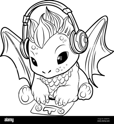 Cute dragon for gamer.Game addict.Simple line illustration for coloring book.Dragon year 2024 ...