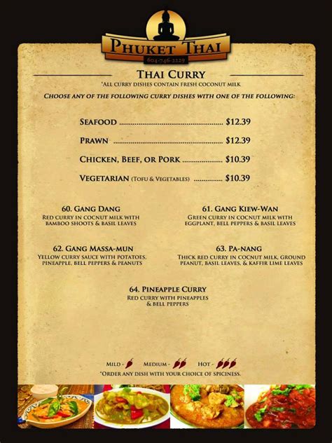 Menu at Phuket Thai restaurant, Abbotsford