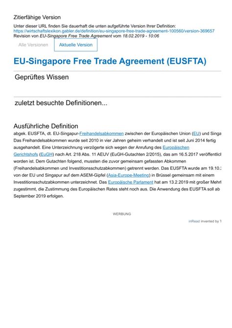 Trade Agreement Definition Pdf Eu Singapore Free Trade Agreement Eusfta In Gabler - letterify.info