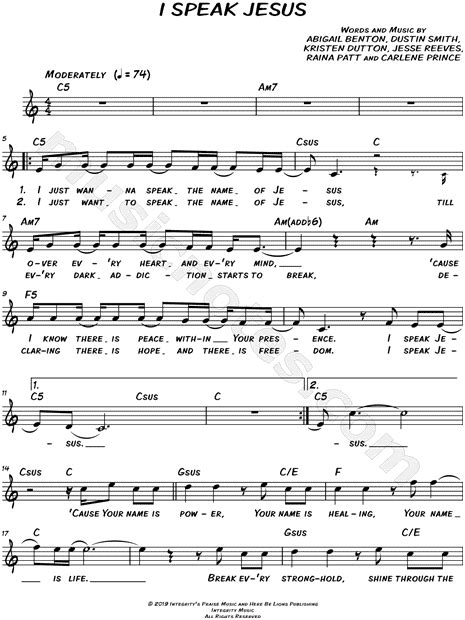 Here Be Lions "I Speak Jesus" Sheet Music (Leadsheet) in C Major ...