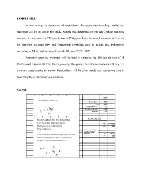 Sample SIZE Through Cochran-3 - SAMPLE SIZE In determining the perception of respondents, the ...