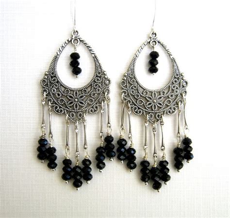 Items similar to Black Filigree Chandelier Earrings Black Crystal Chandelier Earrings Long Black ...